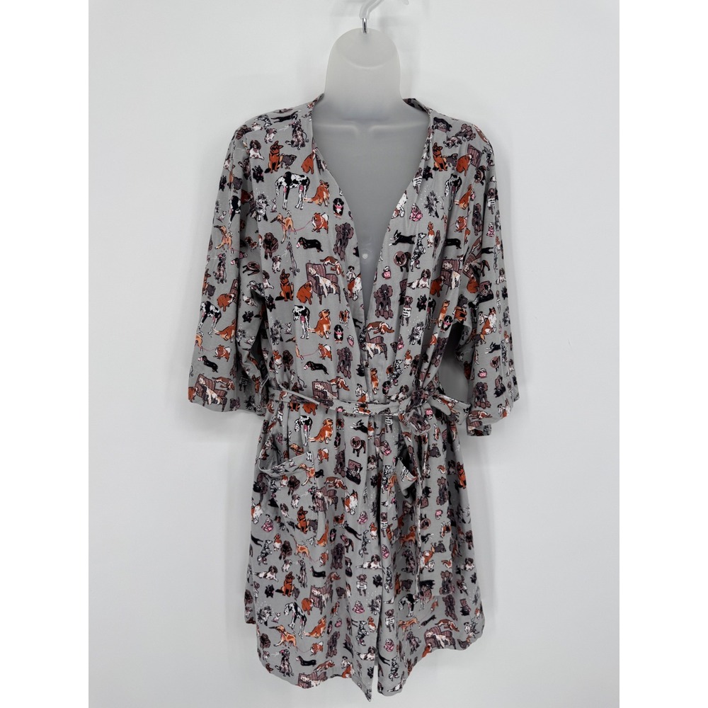 Vera Bradley Dog Show Robe Women SM Gray Knit Cotton Blend Pockets Belted Pet